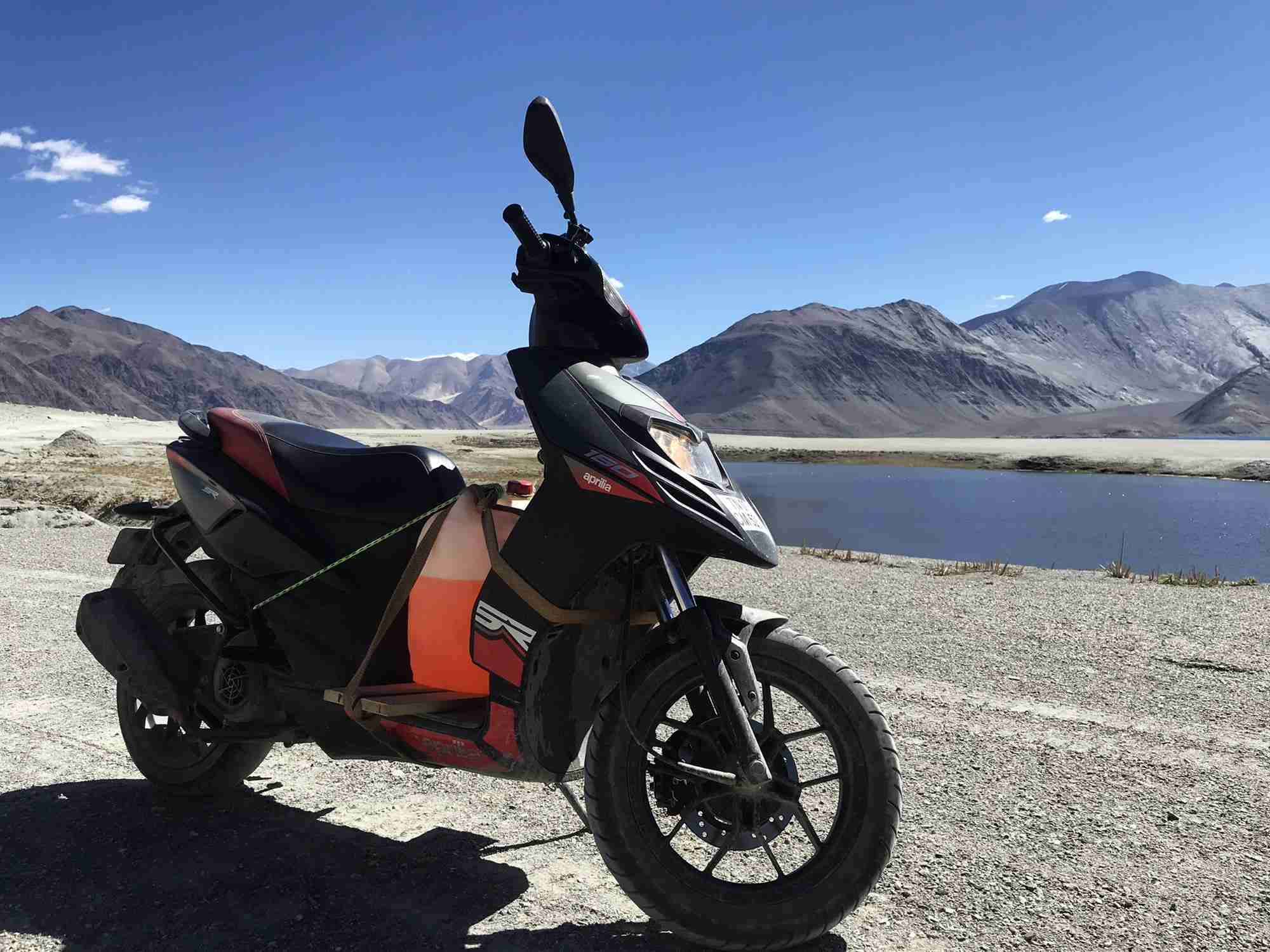 Aprilia SR 150 parked near Pangong Tso lake