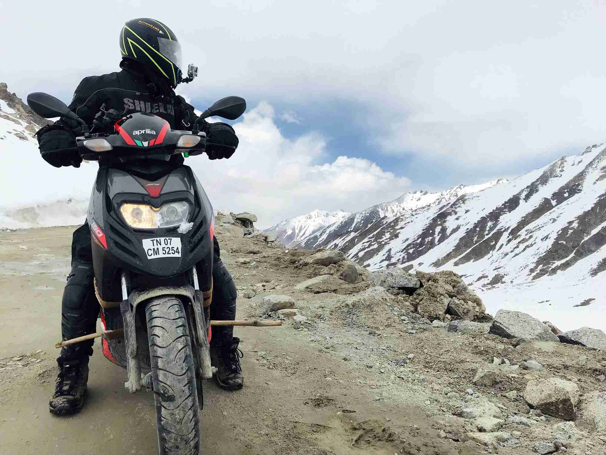 Nagarajan Adithya at Khardung La on his Aprilia SR150
