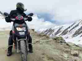 Nagarajan Adithya at Khardung La on his Aprilia SR150