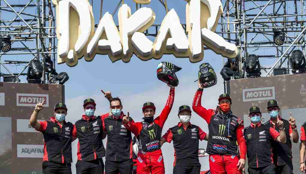 Monster Energy Honda Team celebrating the winning at 2021 Dakar Rally