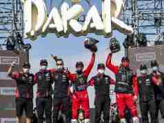 Monster Energy Honda Team celebrating the winning at 2021 Dakar Rally