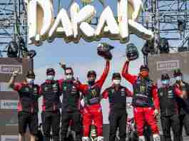Monster Energy Honda Team celebrating the winning at 2021 Dakar Rally