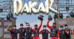 Monster Energy Honda Team celebrating the winning at 2021 Dakar Rally